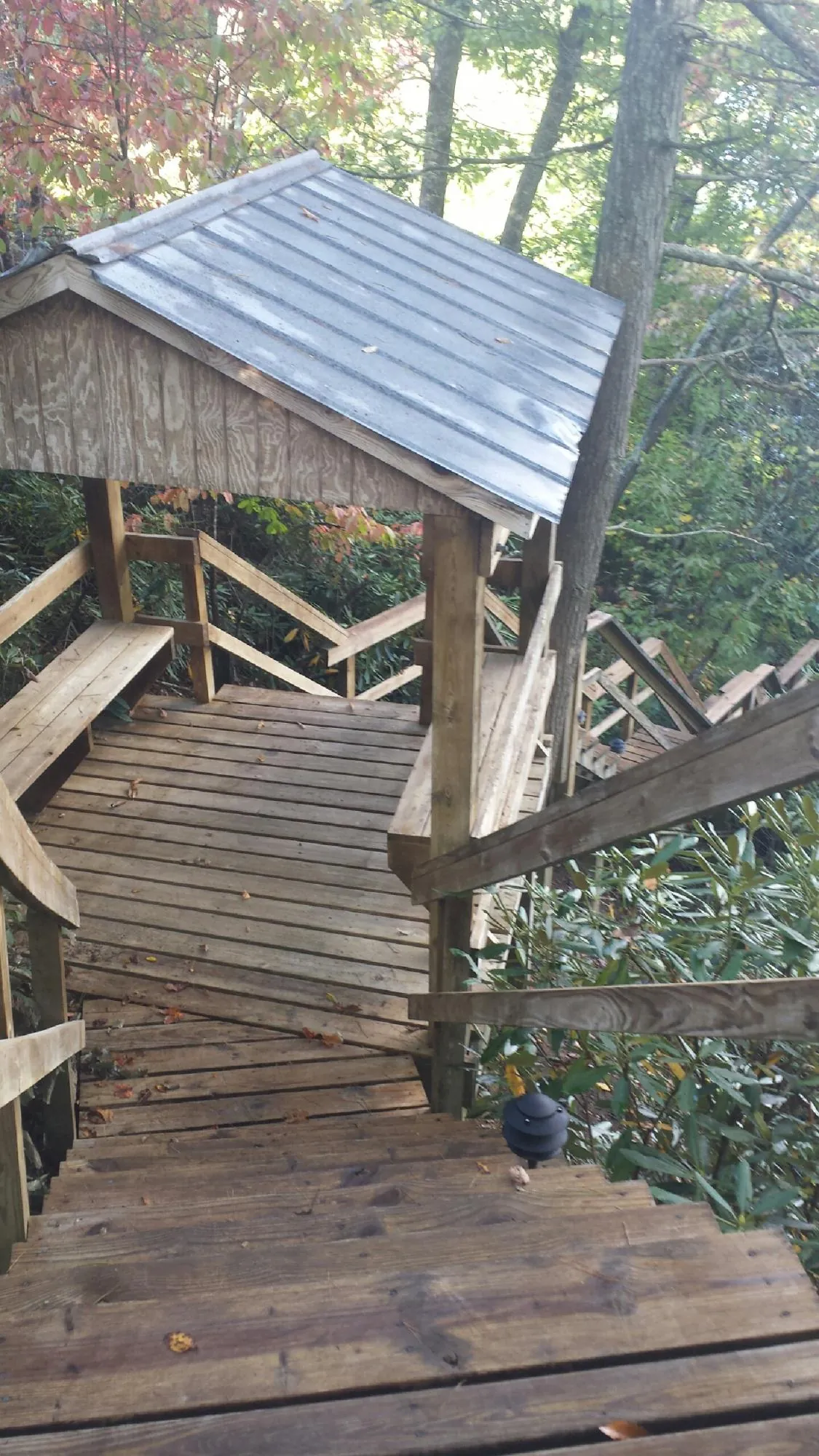 Metal roofed shelter over wooden steps on a wooded walkway — Skylight Repair & Installation work by our crew in Loretto